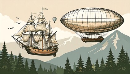 Naklejka premium Vintage illustration of a sailing ship and airship above a mountain landscape, showcasing a charming and whimsical scene.
