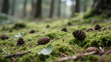 Obraz premium A ground covered in moss with scattered pine cones in a blurry forest setting during the daytime