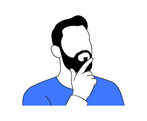 Vector illustration of a faceless man with beard wearing blue shirt in thoughtful gesture with hand on chin representing decision making and thinking concept