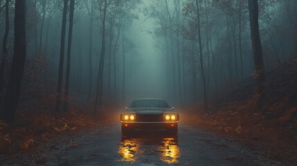 The headlights cast a warm, yellowish glow, while the dark sky above is dotted with stars, barely visible behind the tree canopy. The car&acirc;&euro;&trade;s sleek design contrasts with the wild, untamed forest surro