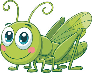 Cartoon green grasshopper, smiling insect character, expressive blue eyes, playful pose, vector illustration, kids coloring page, nature drawing, black outline