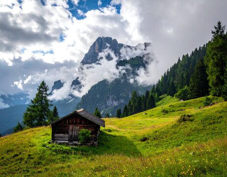 A rustic wooden chalet nestled amongst rolling hills and lush greenery, framed by a majestic mountain range blanketed in clouds, creates a serene and picturesque scene.
