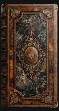 Antique book with ornate dark marble cover, rich brown wooden frame, intricate metallic detailing, and aged gilded accents;  showing signs of wear and age, suggesting historical significance