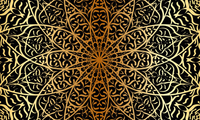 Intricate golden ornamental patterns dance on a black background, creating a rich, luxurious, elegant vibe