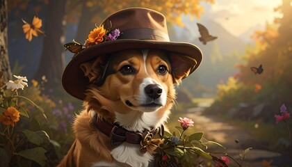 Charming Canine in a Rustic Setting with Floral Accents