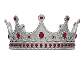 A magnificent silver crown, adorned with numerous sparkling diamonds and vibrant ruby gemstones, stands out against a black backdrop.