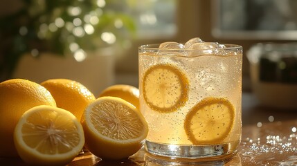 The lemonade’s clear, pale yellow color contrasts beautifully with the golden hue of the lemons and the ice. The sunlight enhances the glass’s shine, and the condensation on the outside of the gla
