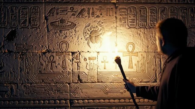 Man explores an ancient alien technology wall with hieroglyphs and futuristic circuit patterns using a torch light, discovery footage.