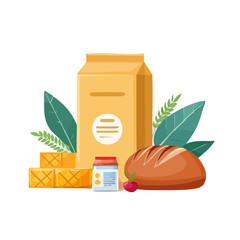 Vector illustration of grocery bags filled with fresh food, vegetables, fruits, bread, and drinks. Perfect for supermarket, delivery, organic market, healthy lifestyle, and food-related design project