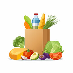 Vector illustration of grocery bags filled with fresh food, vegetables, fruits, bread, and drinks. Perfect for supermarket, delivery, organic market, healthy lifestyle, and food-related design project