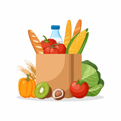 Vector illustration of grocery bags filled with fresh food, vegetables, fruits, bread, and drinks. Perfect for supermarket, delivery, organic market, healthy lifestyle, and food-related design project