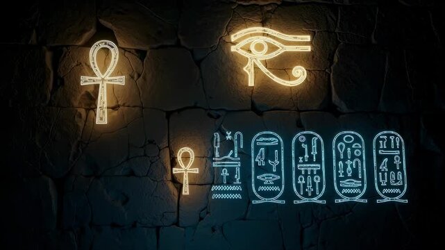 Glowing ancient Egyptian symbols on brick wall for archaeology and cultural history footage