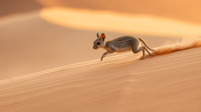 Desert Jerboa Leaping Across Sand Dune
