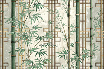 Asian bamboo seamless pattern with golden geometric lattice. Elegant Chinoiserie style illustration on a textured wall background for wallpaper, interior decor, and fabric.