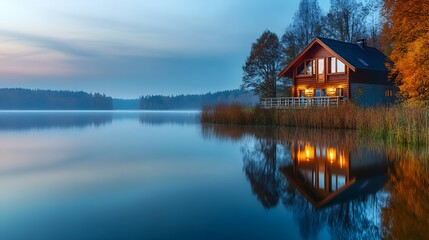 Fototapeta premium Lakeside Log Cabin Autumn Evening Reflection Calm Water