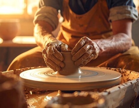 Skilled hands shape clay on a pottery wheel, creating a beautiful bowl in a warm setting.