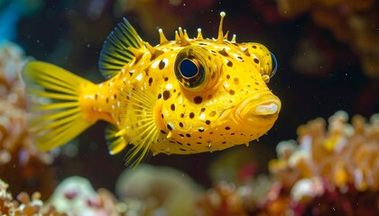 Close-up view of a vibrant yellow fish with speckled patterns, set against a backdrop of coral and dark water.