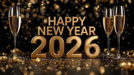 Happy New Year 2026 in shiny golden 3D letters with champagne glasses, golden confetti, and luxury bokeh lights on black background.