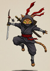 A detailed illustration of a ninja cat in a dynamic pose, ready for action.