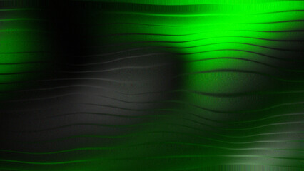 Abstract flowing green and black digital art with textured lines and light effects