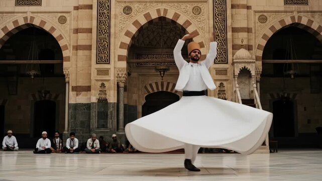 Whirling Dervish Performer in White Attire Spinning in Historical Interior with Arched Architecture