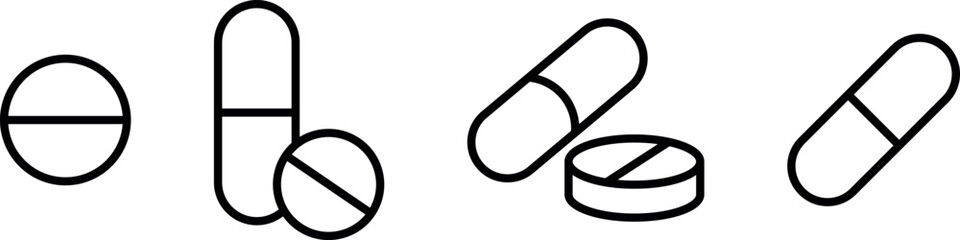 Pills icon and Tablets set. Pharmacy pill symbol. Set of tablet icon in linear style, Pill capsule in line icon, Vitamin sign