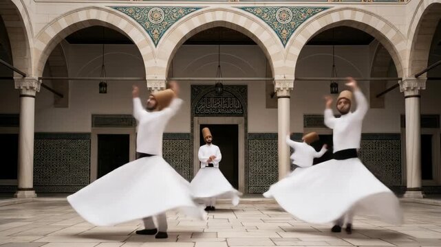 Whirling Dervishes in Traditional Attire Performing Ritual in a Historic Courtyard