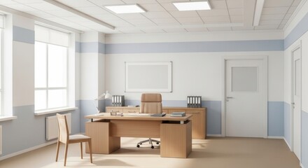 Fototapeta premium Modern, light-filled office space with light wood furniture and pale blue accents.