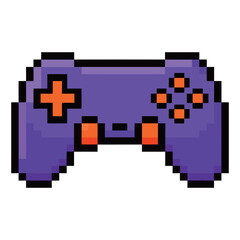 A retro, pixelated game controller in purple with orange buttons, illustrated in a classic 8-bit style, evoking nostalgia for vintage video games and gaming culture.