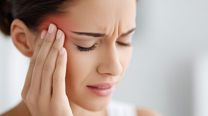 Young woman suffering from headache pressing her temple with pain expression on face.