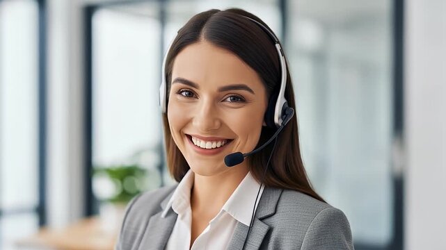 A smiling young female call center agent waving in a modern office setting.
