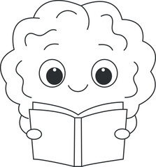 Cute smart brain emoticon reading a book line art vector