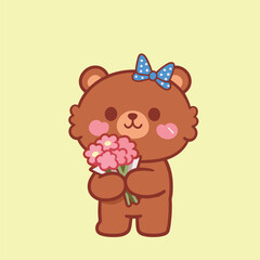 A cute and charming cartoon teddy bear with a bow, holding a bouquet of flowers, illustrated in a friendly, gentle style, perfect for themes of love, friendship, and celebration.