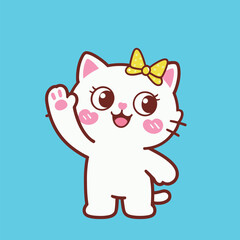 A cheerful and adorable cartoon white cat waving a paw, with a happy expression and a yellow bow, illustrated in a playful and friendly style, perfect for kids, pets, and greeting themes.