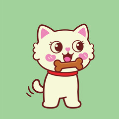 A cute and charming cartoon white cat with a bone in its mouth, featuring a happy expression and a red collar, illustrated in a playful style, perfect for themes of pets, animals, and joy.