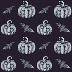 Seamless watercolor background for halloween with funny smiling pumpkins and bats black ink on dark purple hand drawn