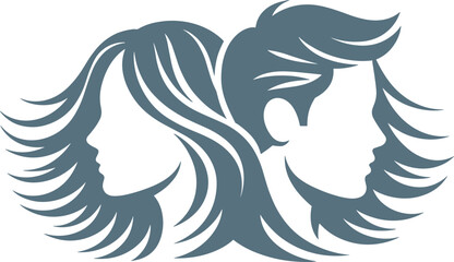 Stylized dual human profiles with artistic flowing hair, symmetrical composition, abstract beauty concept for fashion, zodiac, and identity themes