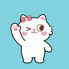 Cute white cat character with a pink bow and star, winking and waving. Hand-drawn vector illustration.