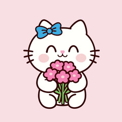 Adorable cartoon cat character holding a beautiful bouquet of pink flowers with a big smile. Vector illustration.