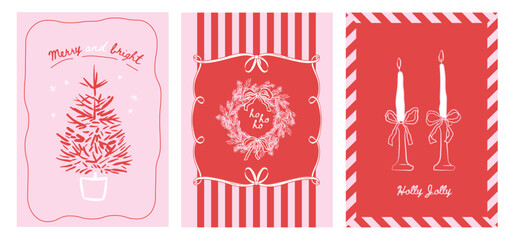 Set of hand drawn Merry Christmas cards in trendy coquette style. Girly winter posters. Wreath, fir tree, candles with Bows, ribbons, festive elements, frames. Whimsical vector sketch illustrations
