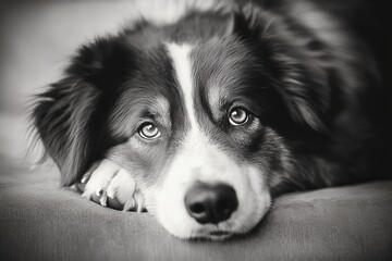 Border collie dog resting its head on its paw in black and white