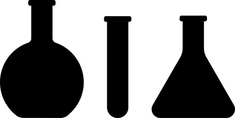 Set of black silhouette icons: test tube, round-bottom flask, Erlenmeyer flask. Clean flat design for science apps, infographics, lab branding, and educational visuals.