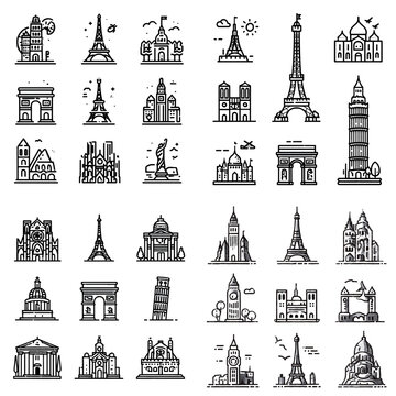 outline vector icon set of 8 travel destination designs, thin uniform strokes, landmark silhouettes, no fills, isolated on white