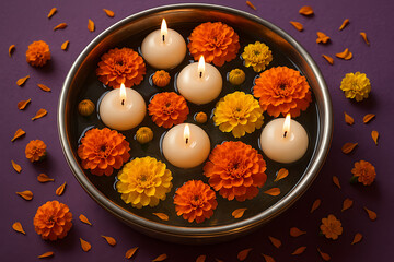 Happy diwali and happy dipaboli floating wax candles and orange and yellow marigold flowers in a decorative bowl with purple background for festival celebration
