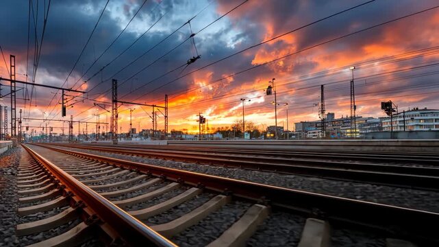 Dramatic sunset over railway tracks in an urban setting showcasing a vibrant sky and industrial landscape