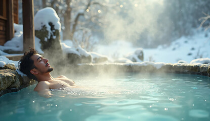 man relaxing. sleeping. feeling good. Relax in beautiful scenery and hot springs. Relax. Relax. steam
