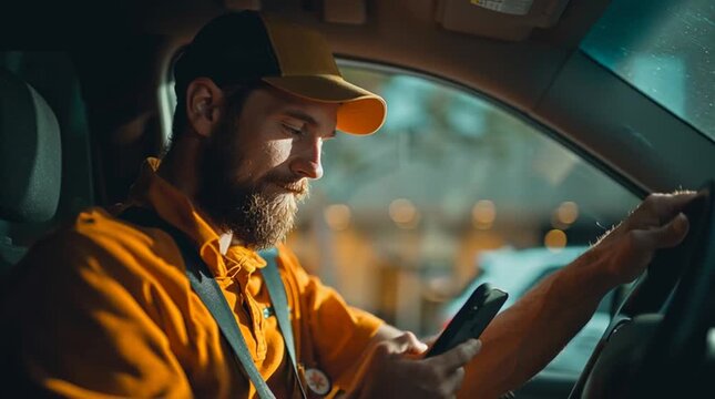 On-the-Go Communication: A driver concentrates on his phone while behind the wheel, emphasizing the integration of modern technology with the driving experience.