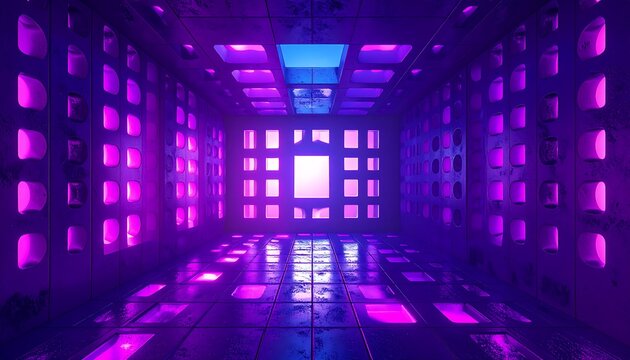 Neon-lit, futuristic corridor