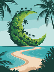 Tropical island in crescent moon shape – artistic illustration
