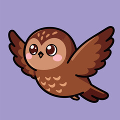 Adorable brown cartoon owl character with expressive eyes, flying with wings spread. Vector illustration.